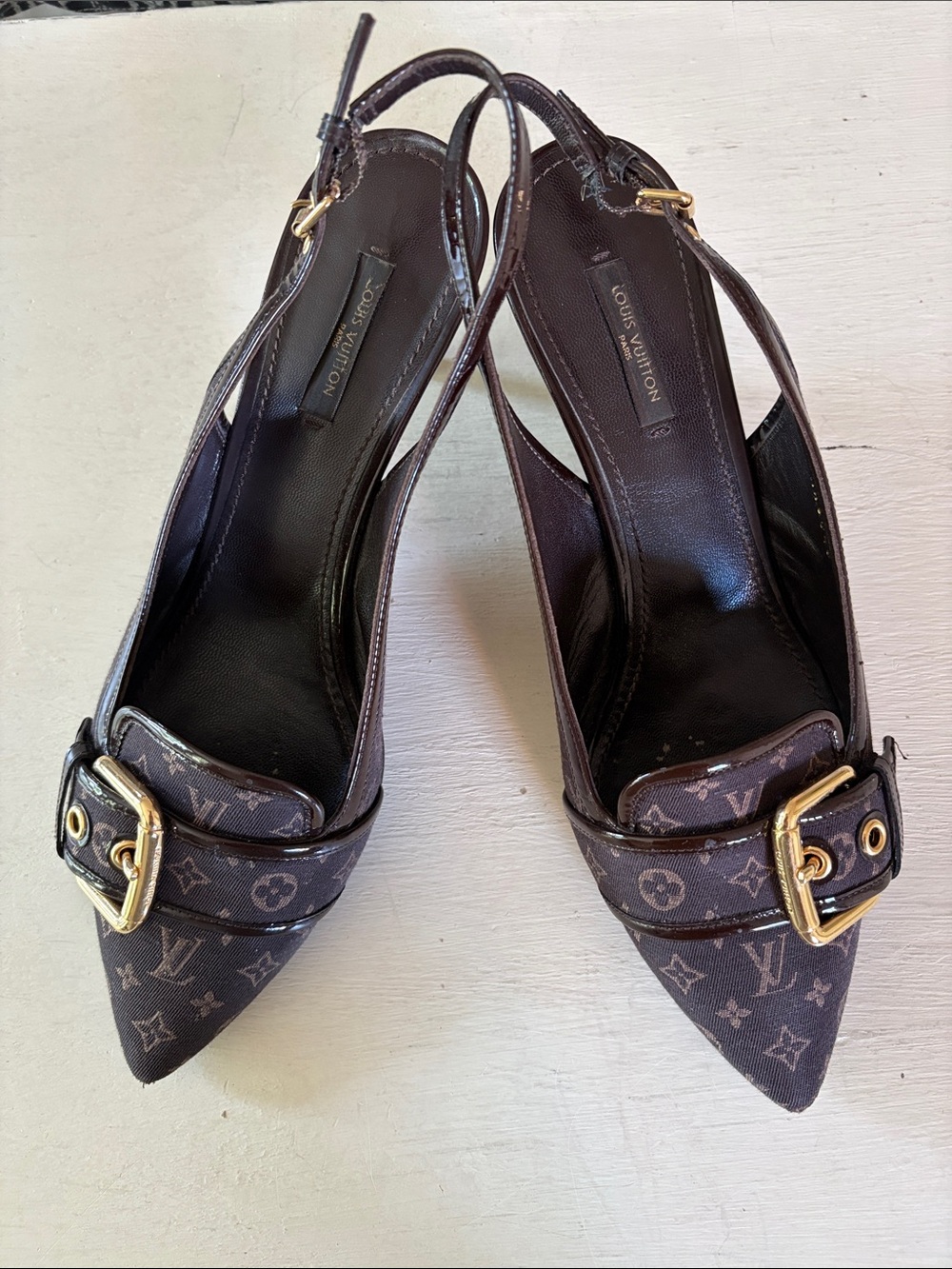 Louis Vuitton Monogram Pointed Slingback Pumps with Gold Buckle
Sz 40/9.5-10